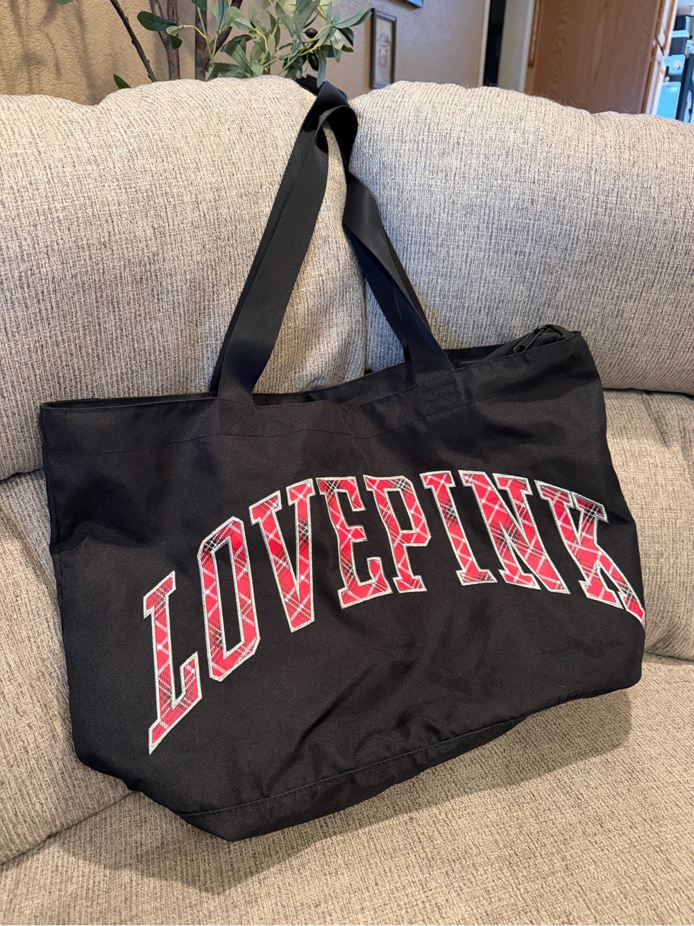 Victoria Secret Pink Plaid Letter Black Tote Bag w/ Zipper